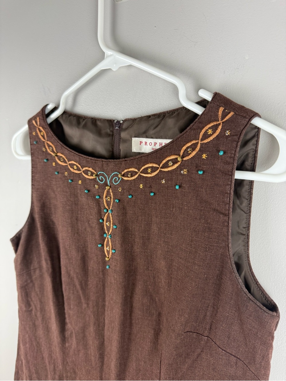 Prophecy Women’s Brown Sleeveless Embroidered Beaded Linen Blend Dress SZ 6P